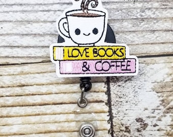 Books and Coffee Id Badge Reel, Book Lover Lanyard, Coffe Lover Badge, Work Badge Reel, Bookworm Id Badge, Reading Retractable Badge