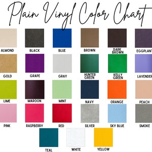 Pu&ograve; includere: Una tabella colori che mostra una variet&agrave; di colori in vinile tinta unita. La tabella include colori come mandorla, nero, blu, marrone, marrone scuro, melanzana, oro, uva, grigio, verde cacciatore, verde kelly, lavanda, lime, marrone, menta, blu navy, arancione, pesca, rosa, lampone, rosso, argento, celeste, fumo, verde acqua, bianco e giallo.