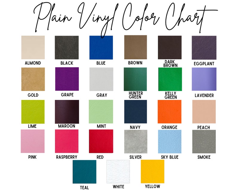 Pu&ograve; includere: Una tabella colori che mostra una variet&agrave; di colori in vinile tinta unita. La tabella include colori come mandorla, nero, blu, marrone, marrone scuro, melanzana, oro, uva, grigio, verde cacciatore, verde kelly, lavanda, lime, marrone, menta, blu navy, arancione, pesca, rosa, lampone, rosso, argento, celeste, fumo, verde acqua, bianco e giallo.