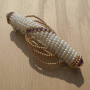 Faceted Amethyst and White Freshwater Pearl 80mm French Barrette with Gold-filled Beads, Hair accessories for women