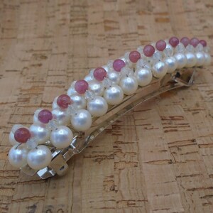 Ruby and White Topaz with White Freshwater Pearls 90mm Barrette