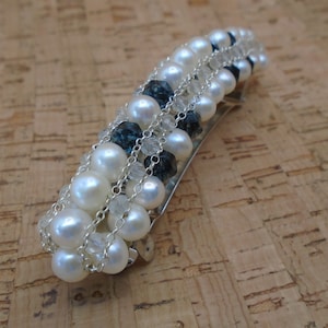 Kyanite with White Topaz and White Freshwater Pearls 80mm French Barrette with Sterling Silver Accent