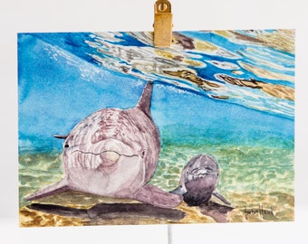 Bottlenose Dolphin and Calf watercolor print