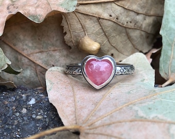 Rhodocrosite Heart/ Sterling Silver/ Handmade/ Ring/ Size US 7.5/ Earth to Chandra