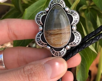 Cripple Creek Jasper/ Bolo Tie/ Stamped Scallops/ Sterling Silver/ Handmade/ Earth to Chandra