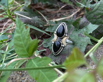 Onyx/ Sterling Silver/ Brass/ Ring/ Size US 5.5/ Handmade/ Earth to Chandra
