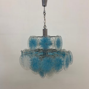 Italian blue glass Disc Chandelier by Vistosi Murano glass Italy, 1970s