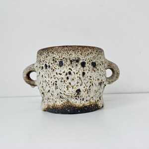 May include: A speckled ceramic pot with two loop handles. The pot has a textured, off-white base with dark brown spots and a dark brown rim and base. The handles are a light brown colour.