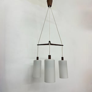 Mid-century design pendant lamp teak and opaline glass, 1970s
