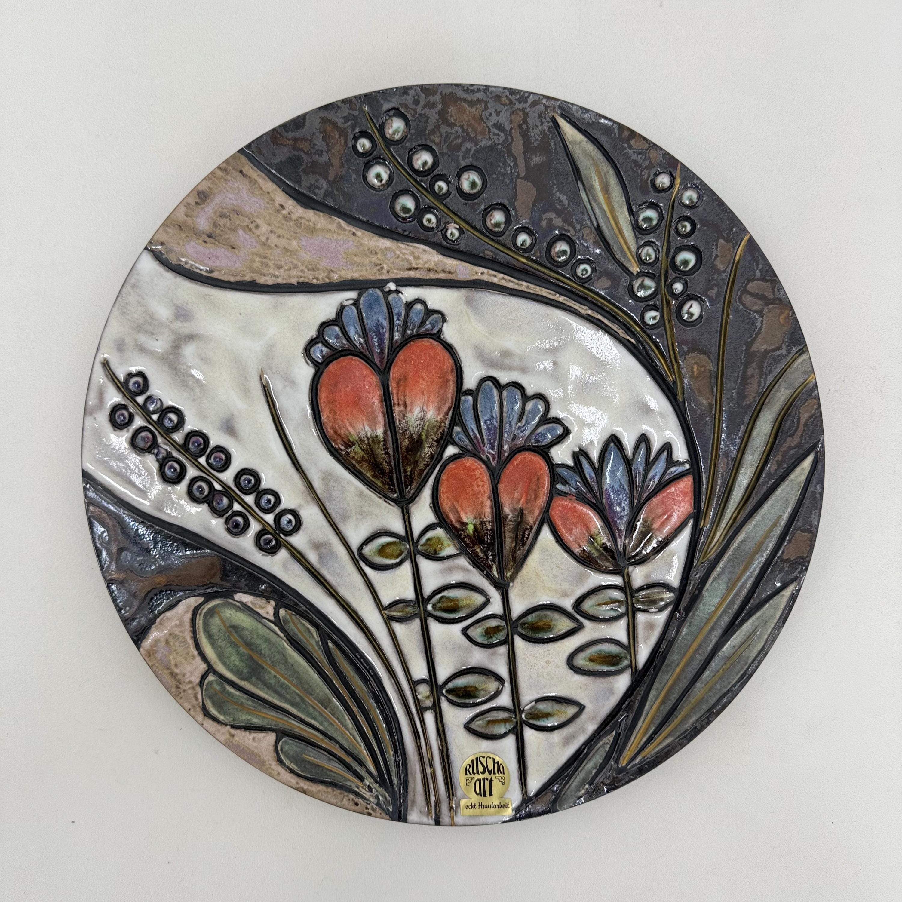 Ruscha Handarbeit 陶器の花柄ウォールプレート、1970年代、ドイツ 