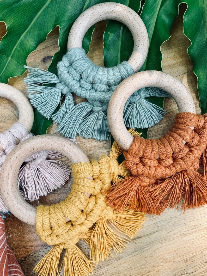 Boho Macrame Teether Wood Macrame Teething Ring Teething Toy Macrame Baby Toy Organic Baby Toy Natural Baby Toy Baby Shower Gift image 1