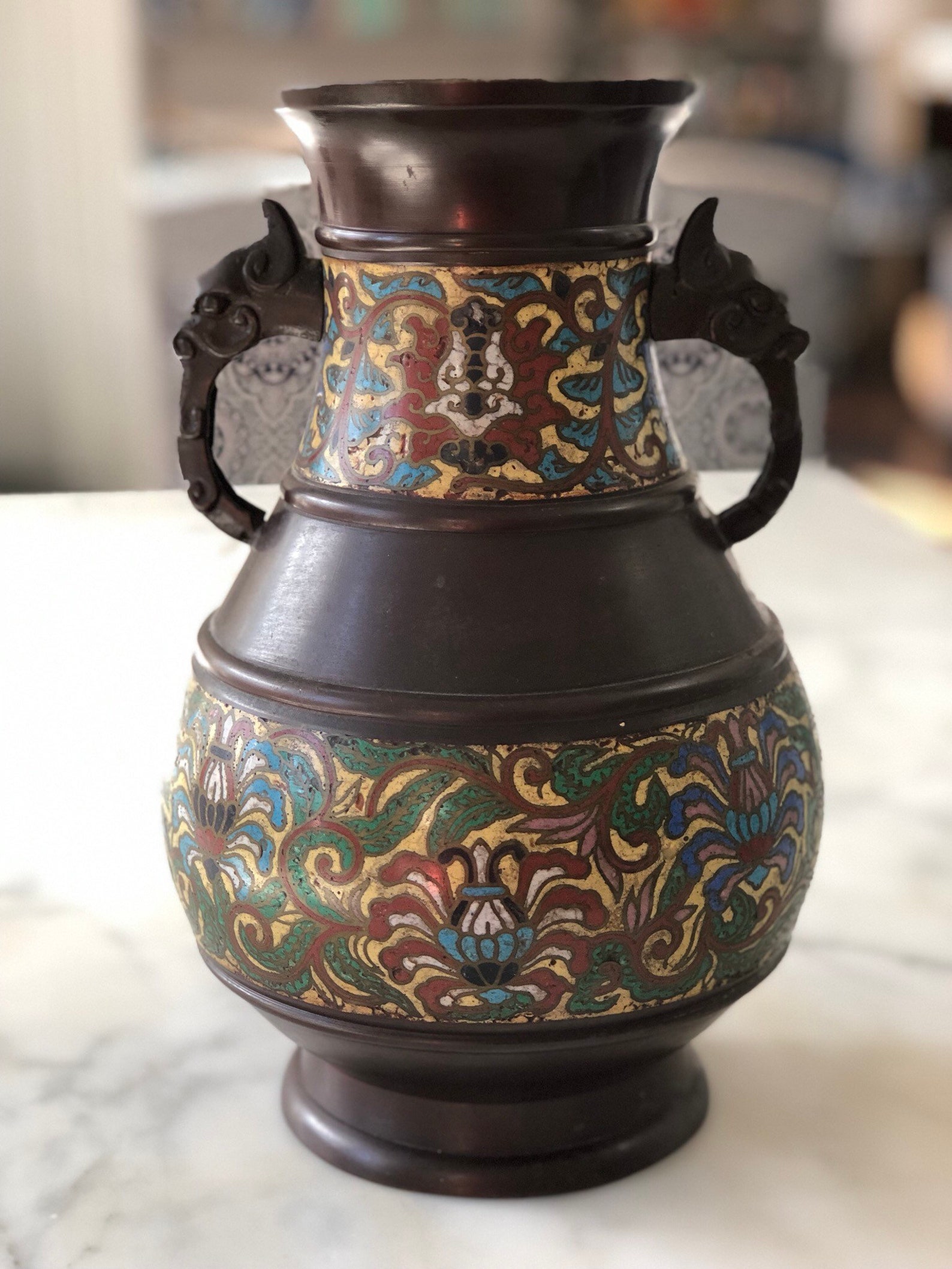 Antique Japanese Bronze Cloisonne Champleve Vase Etsy