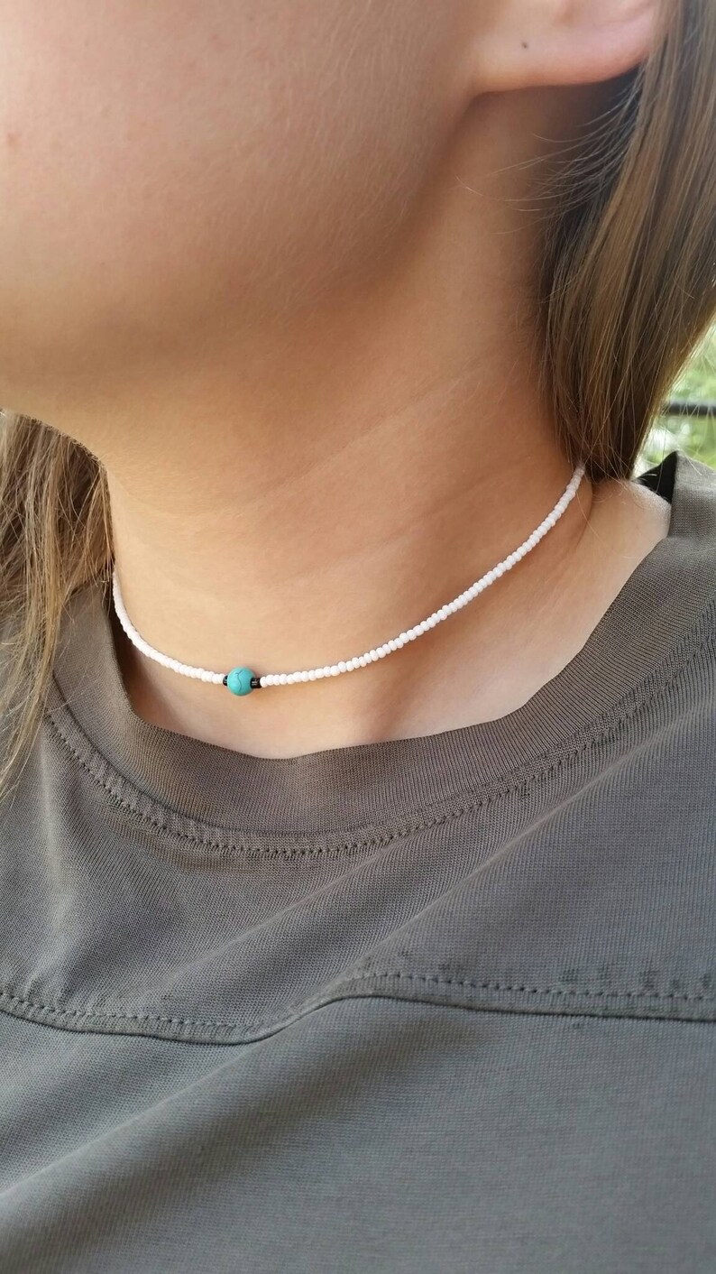 Beaded Choker Seed Bead Necklace Teal and White Seed Bead Choker White and Blue Choker Necklace