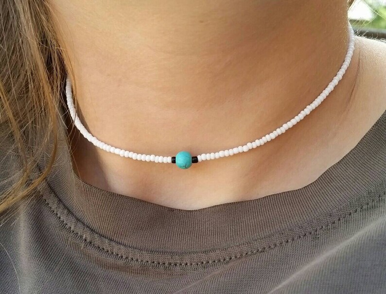 Beaded Choker Seed Bead Necklace Teal and White Seed Bead Choker White and Blue Choker Necklace