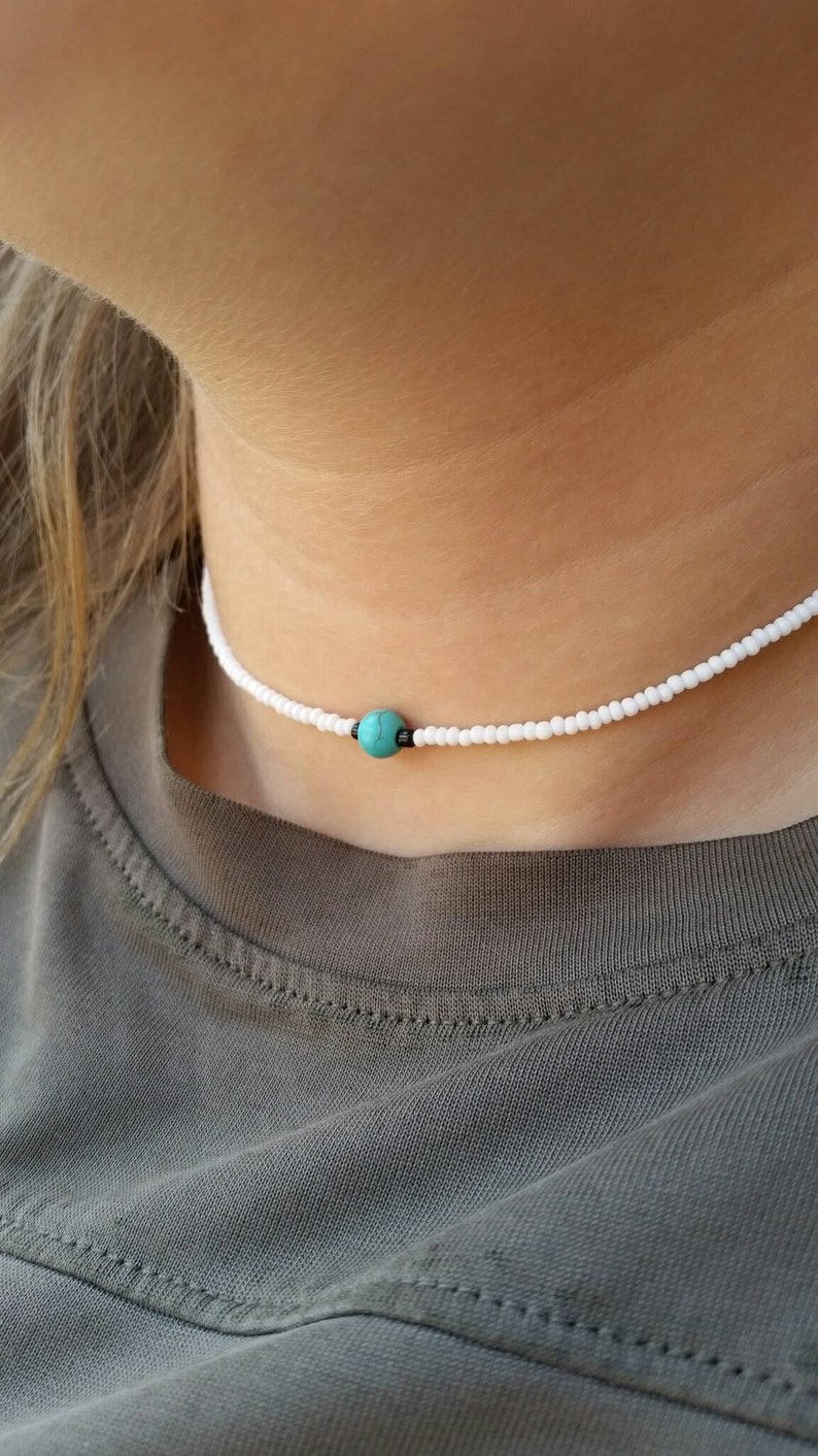 Beaded Choker Seed Bead Necklace Teal and White Seed Bead Choker White and Blue Choker Necklace