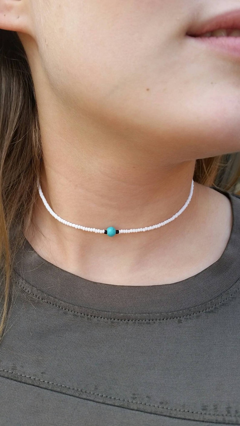 Beaded Choker Seed Bead Necklace Teal and White Seed Bead Choker White and Blue Choker Necklace