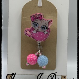 Teacup Kitty Badge Reel – Cute Cat ID Holder Clip for Nurse or Teacher – Retractable Work Gift for Cat Lover