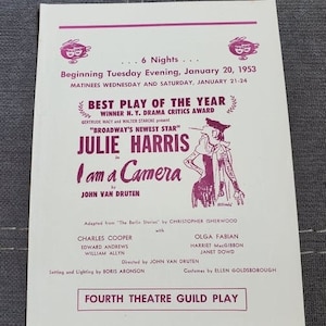 May include: A vintage playbill for the play "I am a Camera" starring Julie Harris. The playbill is pink and white and features a drawing of Julie Harris in the role. The playbill is for the Lyceum Theatre in Minneapolis, Minnesota.