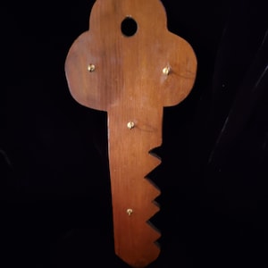 Vintage handmade primitive wooden key rack with 4 hooks; school shop project