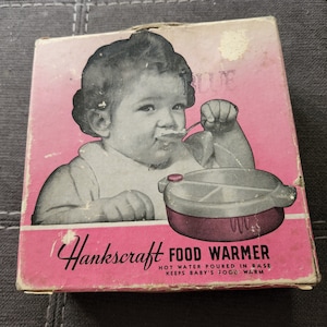 1940s vintage Hankscraft blue ceramic divided baby food warmer, with stopper and original box