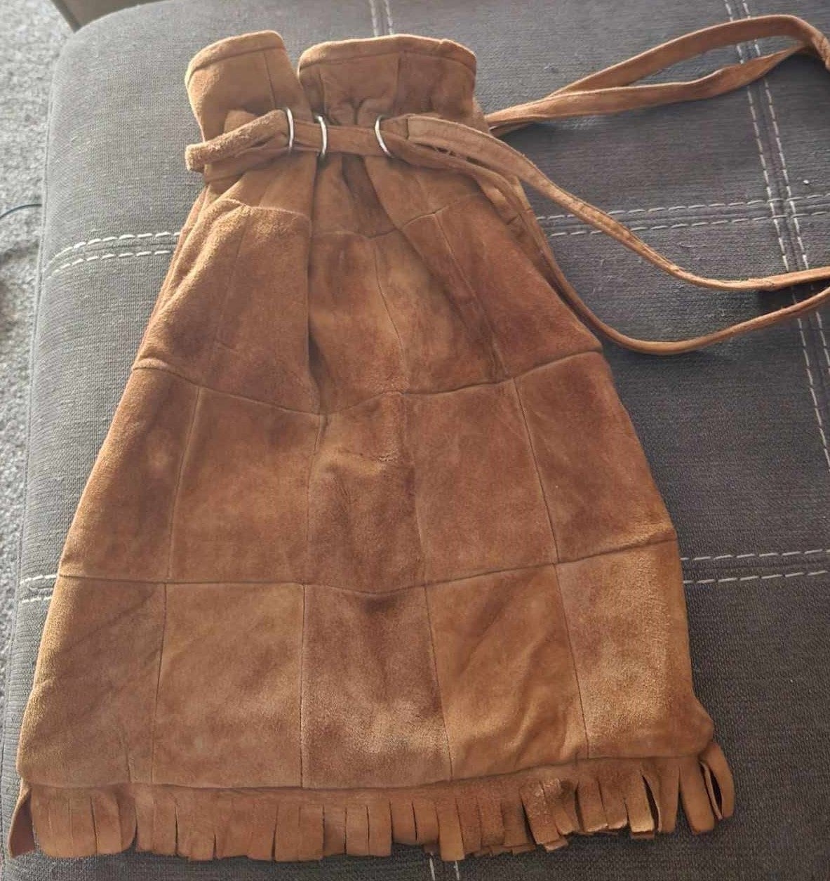 Vintage hippie/boho fringed leather patchwork shoulder bag, made by Rafael
