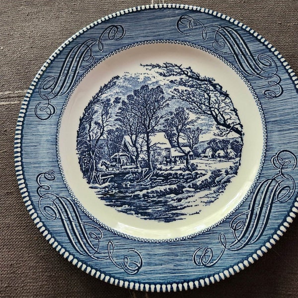 Vintage 1950s Royal China Currier & Ives blue "The Old Grist Mill" 10-inch dinner plate