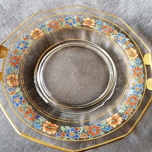 Vintage hand-painted handled glass serving plate with gold trim