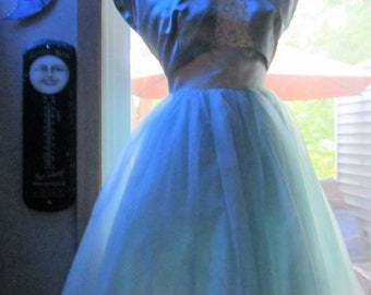 1960s Dayton's vintage aqua prom/bridesmaid dress with bolero, satin and tulle, size 10