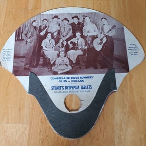 1930s vintage cardboard fan, Cumberland Ridge Runners, WJJD, Chicago, Stuart&#39;s Dyspepsia Tablets