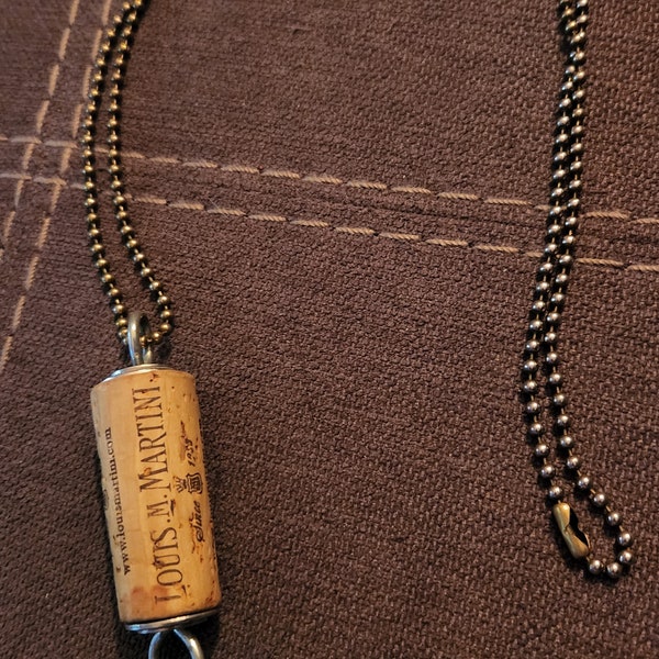 Vintage wine cork necklace with stone heart charm and 30-inch silver ball chain