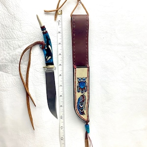 Killer whale antler knife, painted owl buffalo sheath, northwest coast art, mens gifts, sinew stitched rawhide, totemic owl art.