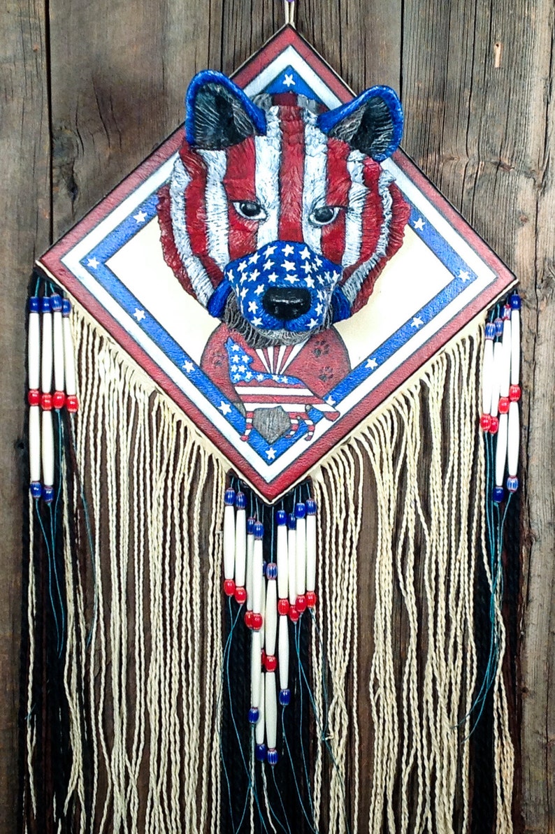 wildlife wall decor buckskin leather wallhanging Original art home decor. wildlife art wolf lovers art American folk art wolf art