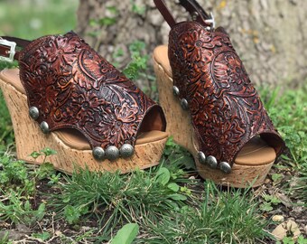 tooled leather clogs