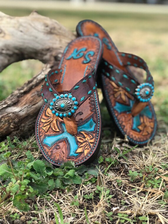 tooled leather flip flops