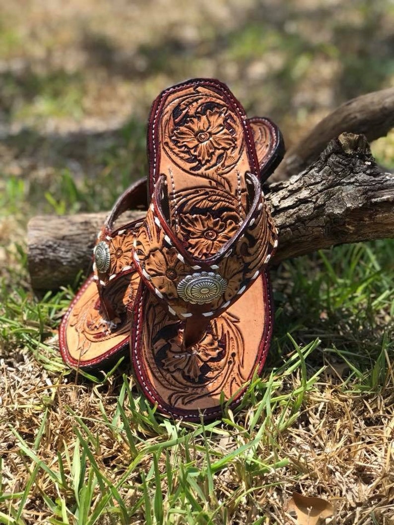 tooled leather flip flops