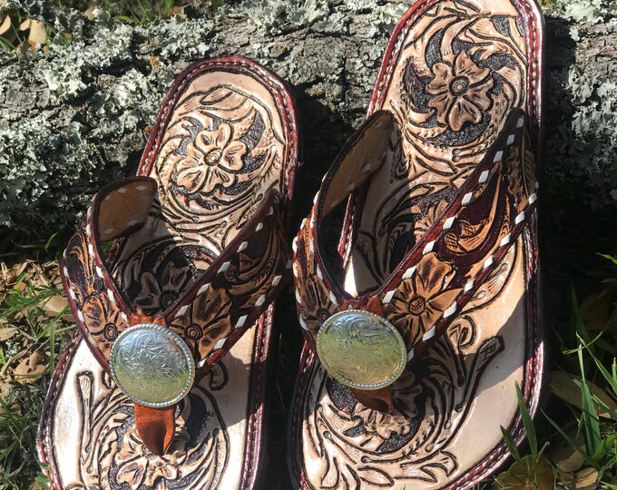 Custom Handtooled Leather Western Floral Flip Flop Style Sandals - Etsy