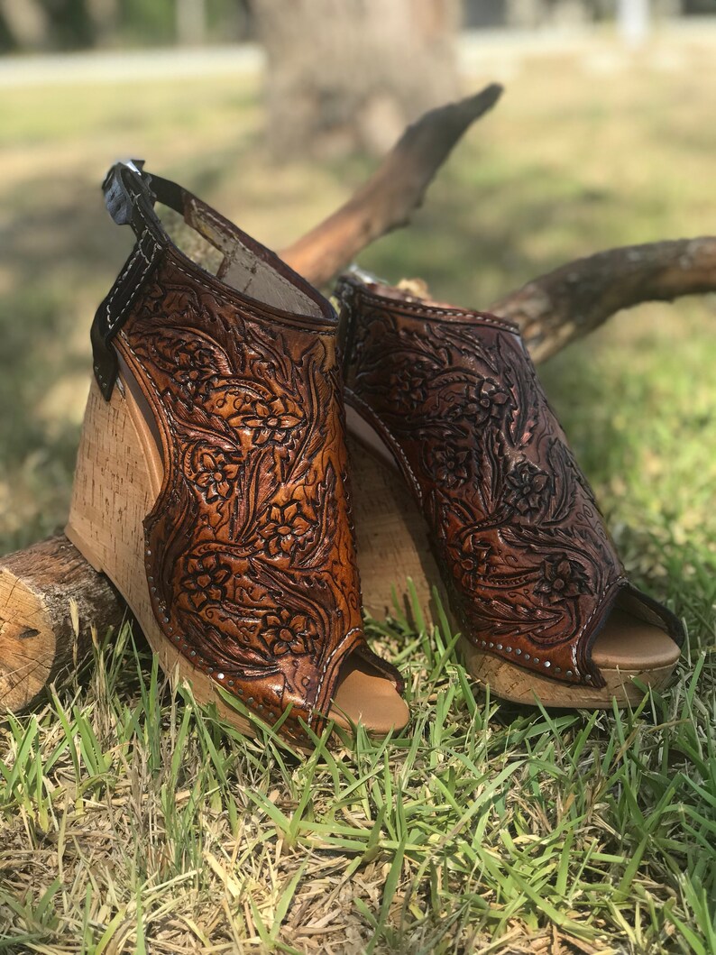 tooled leather wedges
