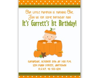 Little Pumpkin Printable Birthday Party Invitation -- 1st Birthday -- Fall -- Autumn -- Custom Digital File