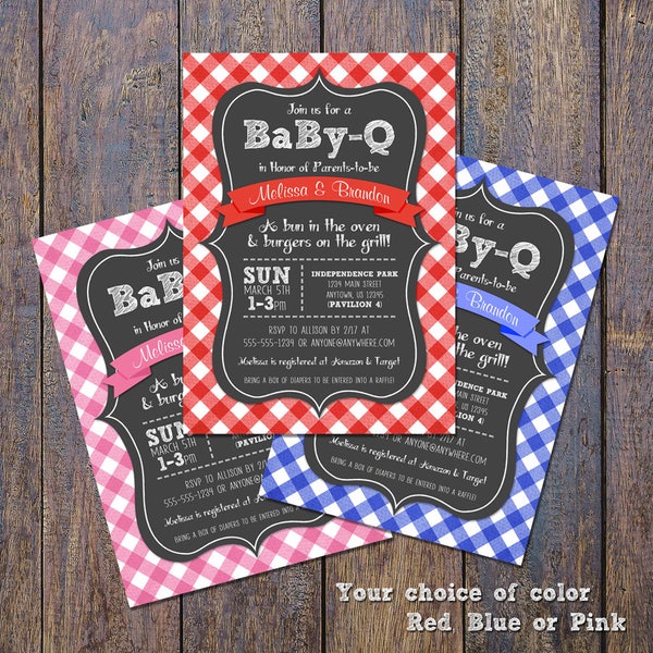 Faire-part pour baby shower imprimable BabyQ--barbecue-chignon au four--rouge, bleu ou rose--fichier numérique personnalisé