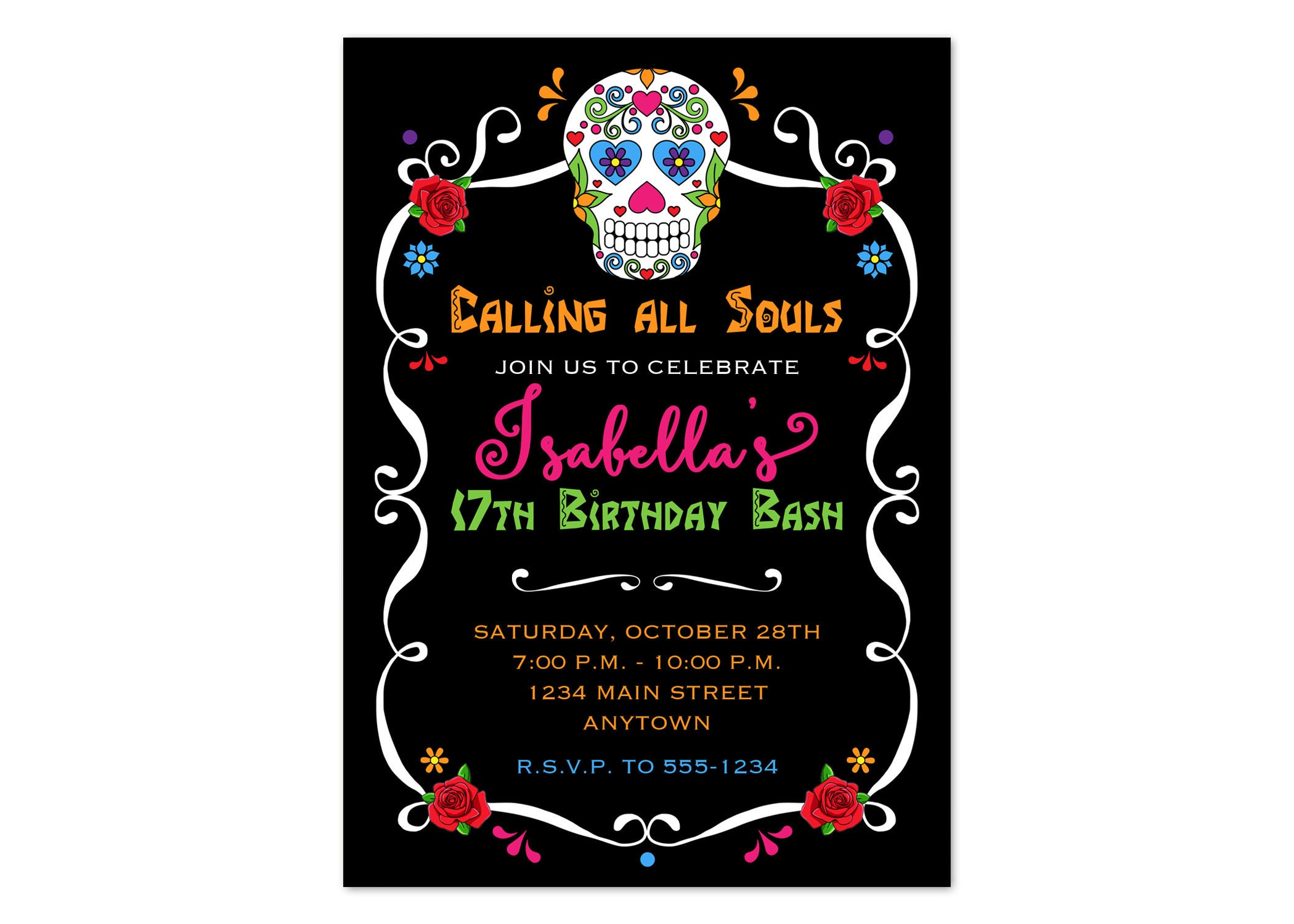 Sugar Skulls Printable Birthday Party Invitation Day of the Dead Dia De ...