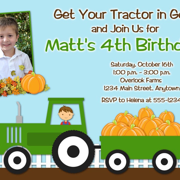 Tractor and Pumpkins Printable Birthday Party Invitation -- Fall -- Autumn -- Photo -- Custom Digital File