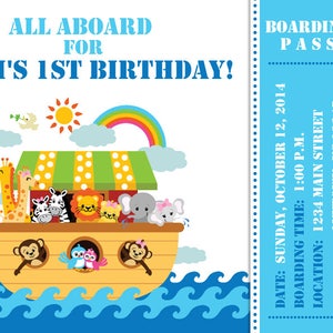 Noah&#39;s Ark Printable Birthday Party Invitation -- Custom Digital File