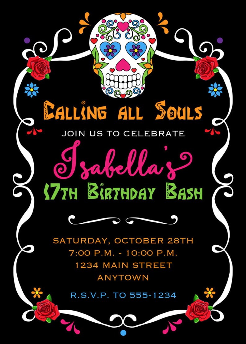 Sugar Skulls Printable Birthday Party Invitation Day of the Dead Dia De ...