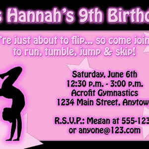 Gymnastics Printable Birthday Party Invitation -- Gymnast -- Tumbling -- Custom Digital File
