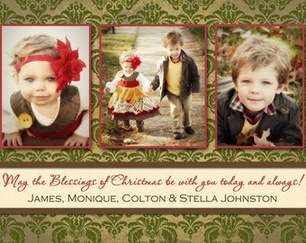 Elegant Vintage Luxe Damask Christmas Photo Card -- Holiday Photo Card -- Custom Digital Printable File