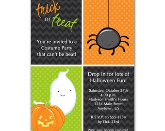 Trick or Treat Halloween Party Invitation -- Black Chevron -- Orange Polka Dot -- Custom Digital File