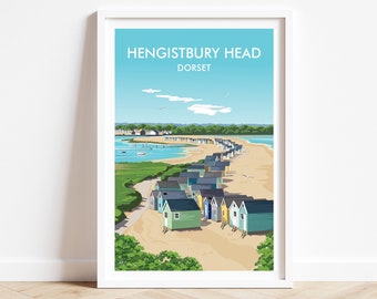 Beach huts at Mudeford Spit painting, Hengistbury head beach huts, Dorset travel poster/print. SIGNED original art by Geraldine Burles