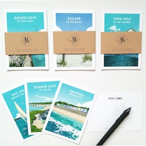 Seaside postcards set of six, retro travel postcards, Seaside art postcards collection, travel art postcards