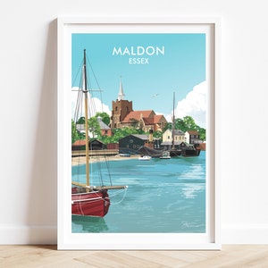 Lámina artística del paseo marítimo de Maldon, pintura de barcos de Maldon, póster de viaje a Essex. Obra original firmada por Geraldine Burles.