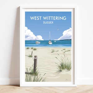 West Wittering beach art print, West Wittering sand dunes and sailing boats painting.  SIGNED original art by Geraldine Burles